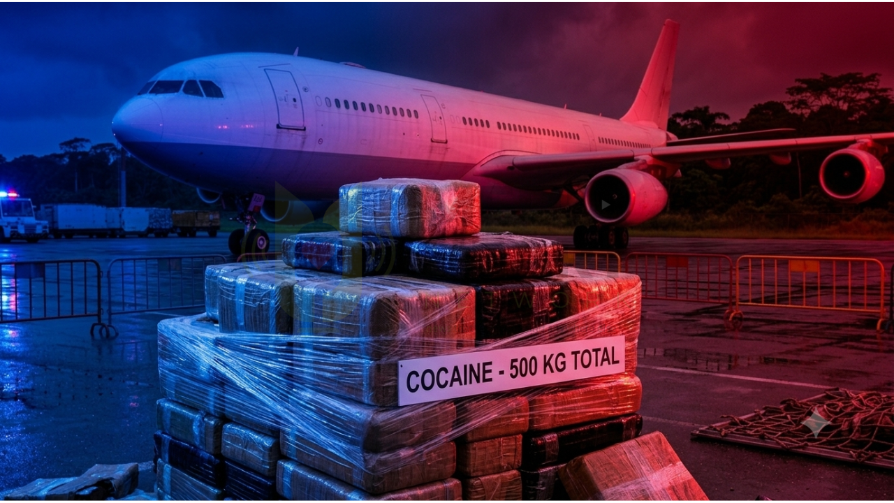Illustratieve afbeelding van een groot passagiersvliegtuig op een startbaan bij nacht, verlicht door de rode en blauwe lichten van zwaailichten. Op de voorgrond ligt een grote, opgestapelde partij van 500 KG aan drugs.