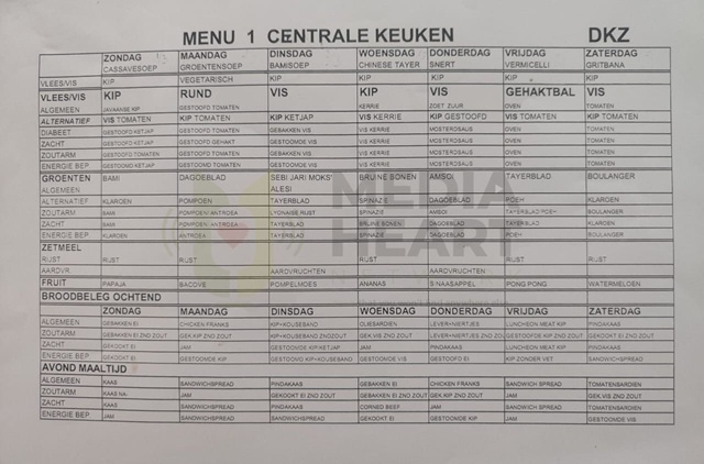 Een voorbeeld van een vijfwekelijks menu dat de centrale keuken gebruikt.